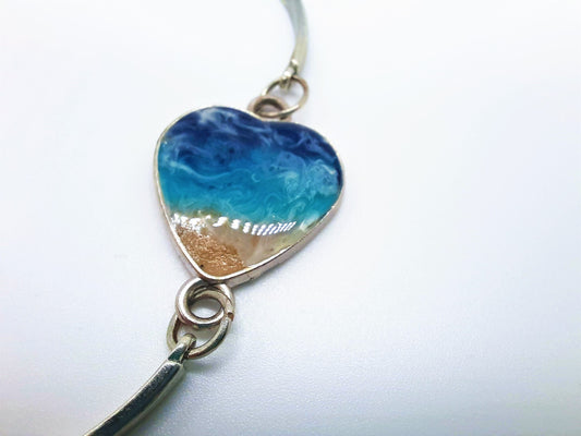 Resin Waves Ocean Bracelet / Heart Shaped, Silver Stainless Steel, Adjustable Bracelet Made w/ Real Sand, Resin, & Mica - NOT A PHOTOGRAPH!