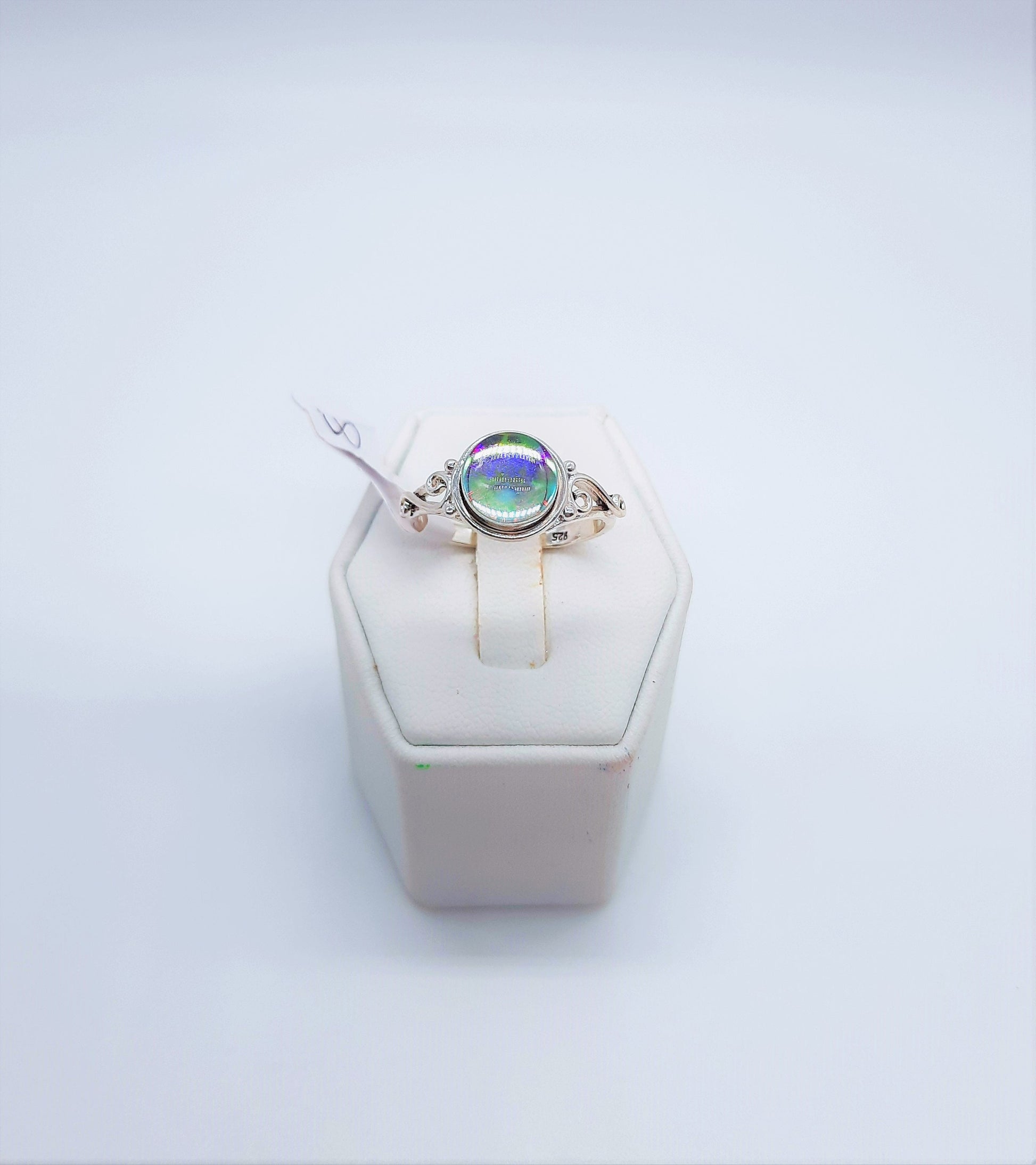 Handcrafted 925 Sterling Silver Reflective Iridescent Rainbow/ Pink / Blue / Green Mirror Ball Ring, Domed w/ Holographic Infused Resin