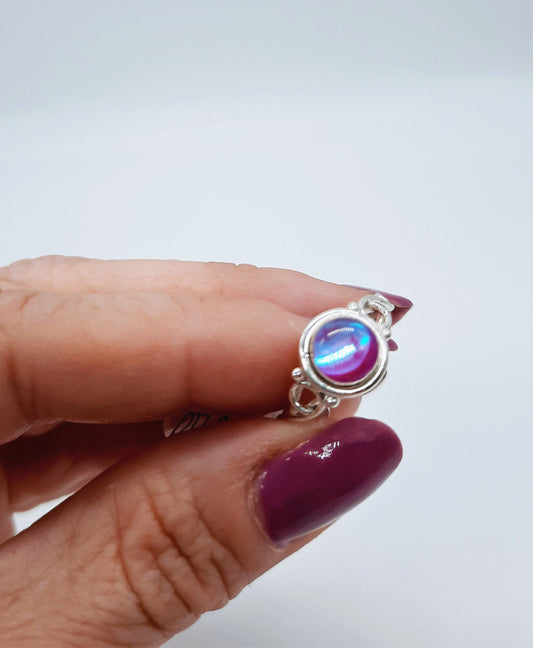 Handcrafted 925 Sterling Silver Reflective Iridescent Rainbow/ Pink / Purple Mirror Ball Ring, Domed with Holographic Infused Resin