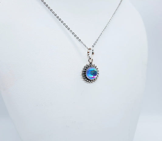 Antiqued Double Sunburst Design 925 Sterling Silver Pendant Necklace with 8mm Translucent Mirror Ball Blue-Purple Glass Cabochon Setting