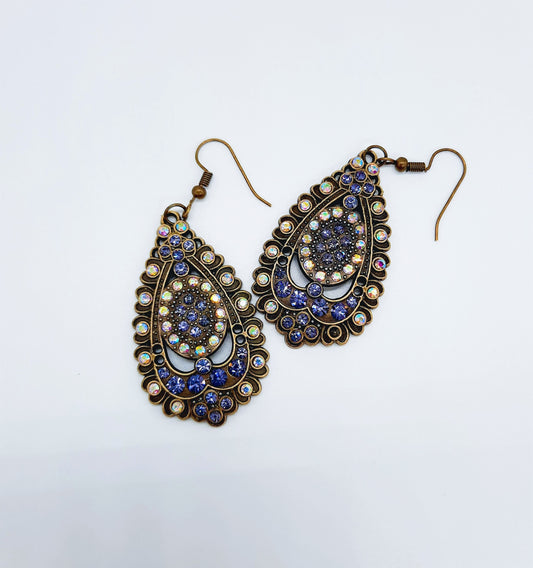 Handmade / Handcrafted Antiqued Brass / Bronze Aurora Borealis & Purple Rhinestone Intricate Filigree Teardrop Pendant Dangle Earrings