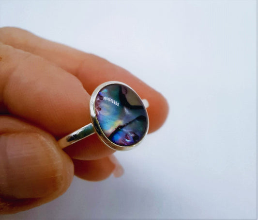 Handmade / Handcrafted 925 Sterling Silver Natural Purple Abalone / Paua Seashell Ring, Oval, Sealed with Holographic Mica Infused Resin