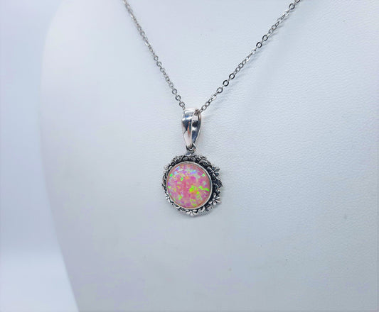Handcrafted Iridescent Pink Opal Pendant Necklace - Flower and Leaf Design - Made with 925 Sterling Silver - Domed with Holographic Resin