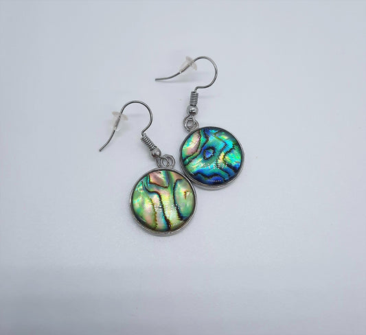 Handmade / Handcrafted Round Shaped Natural Blue Abalone / Paua Seashell Earrings, Sealed w/ Holographic Mica Infused Resin, Stainless Steel