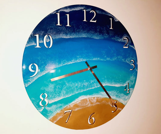 Wall Clock - Handpainted/Handpoured Eco-Friendly Epoxy Resin Seascape Coastal Ocean Beach Scene, Painted on a 20" Wood, Made with Real Sand