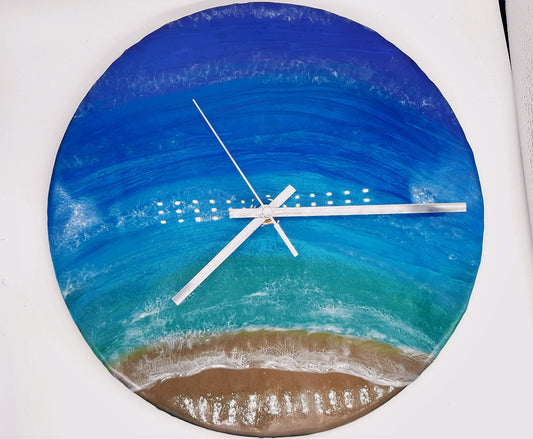 Handpainted Eco-Friendly Epoxy Resin Seascape Coastal Beach Scene, Painted on a 12" Vinyl Record, Made into a Wall Clock, Made w/ Real Sand