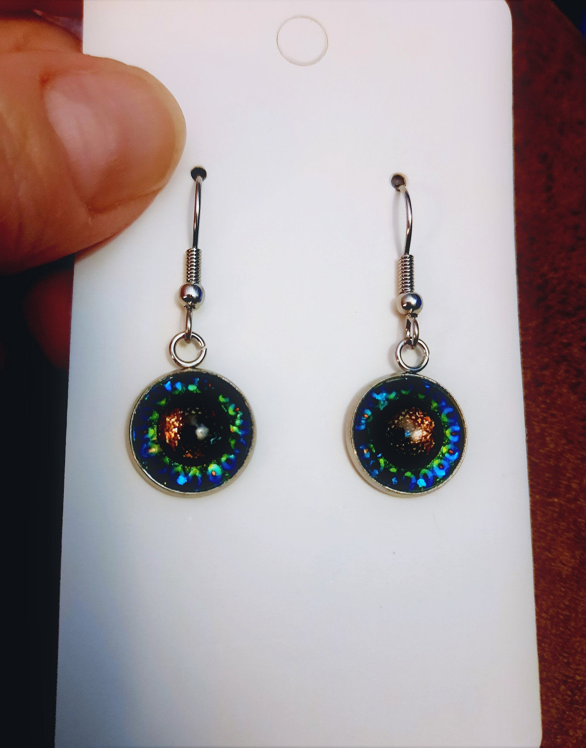 Handcrafted Rainbow Glitter Mandala Pattern Design Glass Cabochon Silver Stainless Steel Dangle Earrings - Hypoallergenic