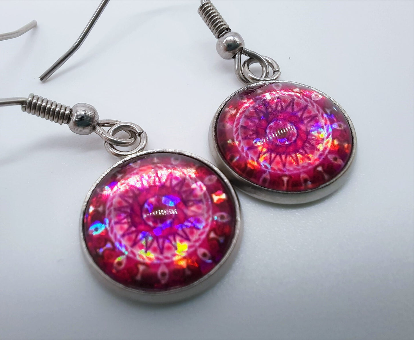 Handcrafted Pink Glitter Mandala Pattern Design Glass Cabochon Silver Stainless Steel Dangle Earrings - Hypoallergenic