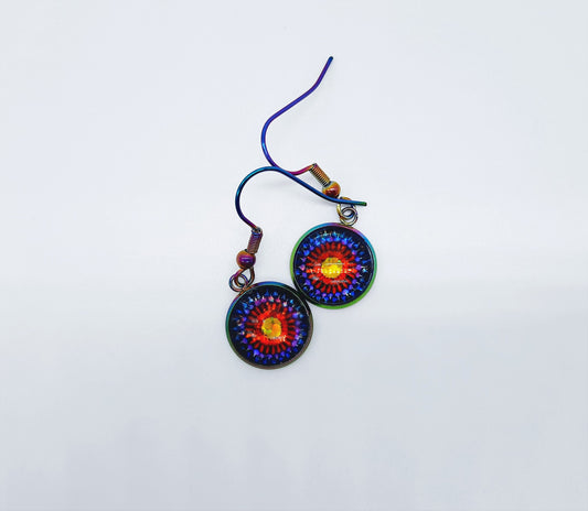 Handcrafted Rainbow Flower Glitter Mandala Pattern Design Glass Cabochon Rainbow Chromium Stainless Steel Dangle Earrings - Hypoallergenic