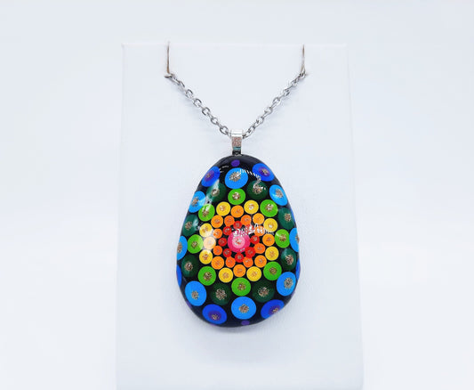 Handpainted Rainbow Dot Mandala Necklace, Stone / Rock Pendant, Sealed w/ Resin, Hypoallergenic Stainless Steel Chain, Lobster Claw Closure
