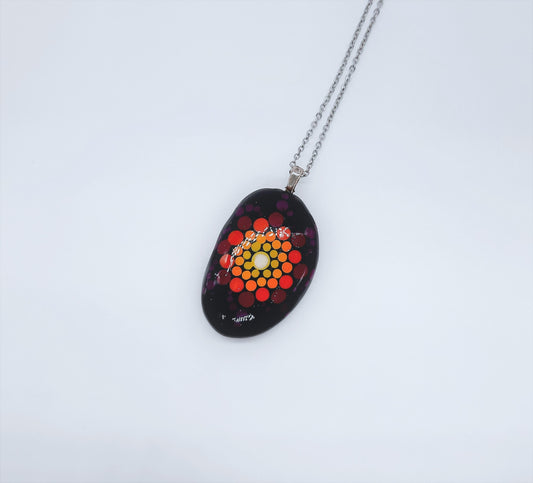 Handpainted Rainbow Dot Mandala Necklace, Stone / Rock Pendant, Sealed w/ Resin, Hypoallergenic Stainless Steel Chain, Lobster Claw Closure