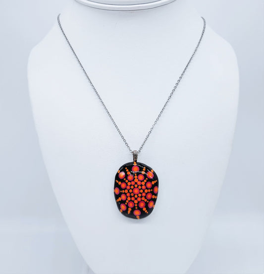 Handpainted Orange / Pink Mandala Necklace, Stone / Rock Pendant, Sealed w Resin, Hypoallergenic Stainless Steel Chain, Lobster Claw Closure