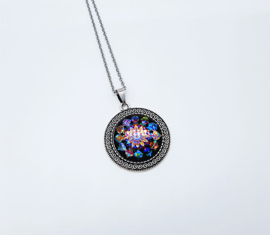 Handcrafted Glitter Mandala Pattern Design - Glass Cabochon Stainless Steel - Tibetan Style or Plain Pendant Necklace - Alloy, Silver Plated