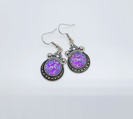 Iridescent Purple Glittery Sparkle Resin Earrings / Antique Tibetan Look / Made with Hypo-allergenic Stainless Steel Hooks