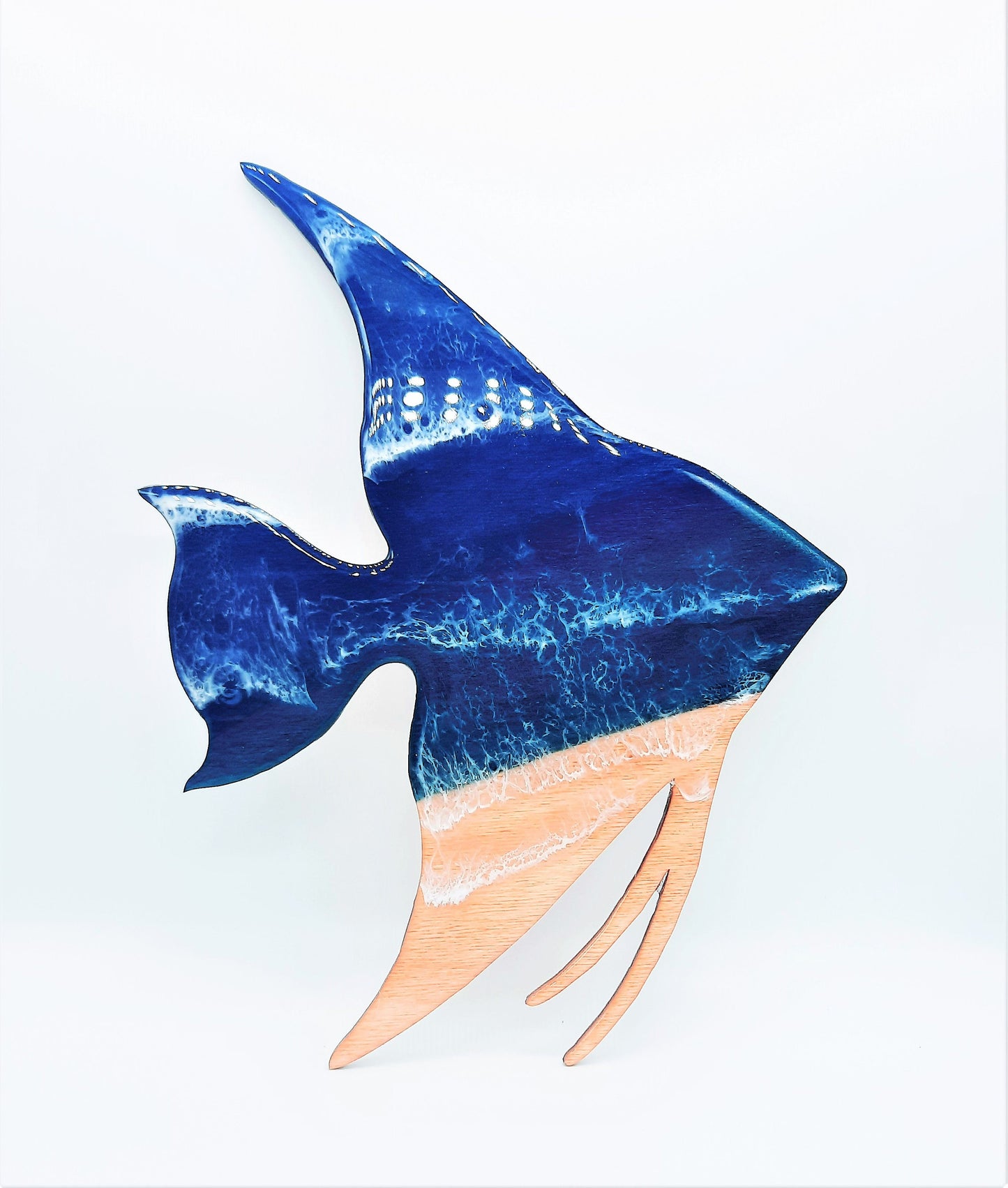10" Handpainted Angel Fish - Eco-Friendly Resin Seascape Coastal Beach Scene, Blue & Teal, Deep Contrast Waves, With or Without Real Sand