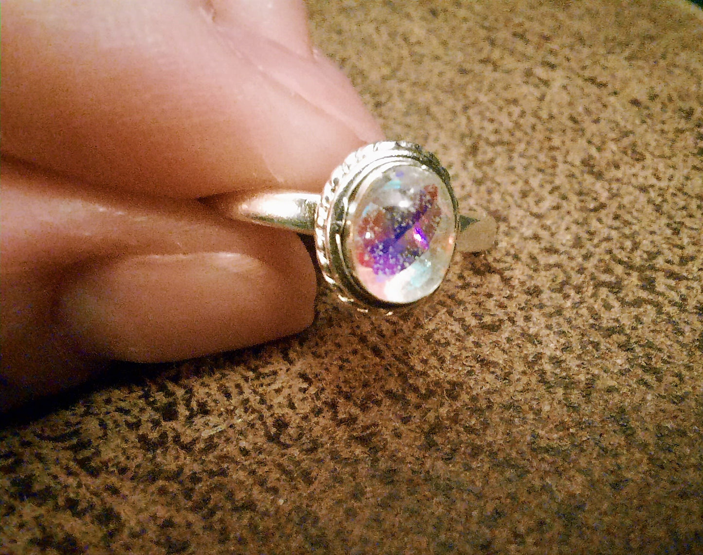 Handcrafted / Handmade Antiqued 925 Sterling Silver Ring, Twisted Rope Design, Iridescent Aurora Borealis, Domed with Holographic Resin