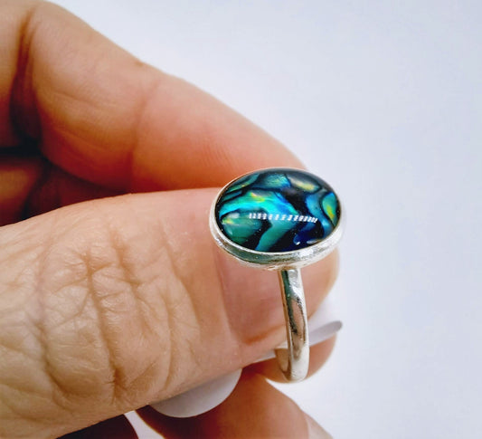 Handmade / Handcrafted 925 Sterling Silver Natural Abalone / Paua Seashell Ring, Oval, Sealed with Holographic Mica Infused Resin