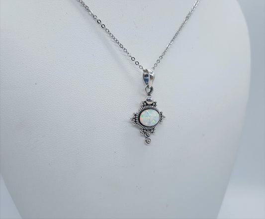 Genuine White Fire Opal 925 Sterling Silver Pendant Necklace with 8x6mm Cabochon Setting Covered with Holographic Powder Infused Resin