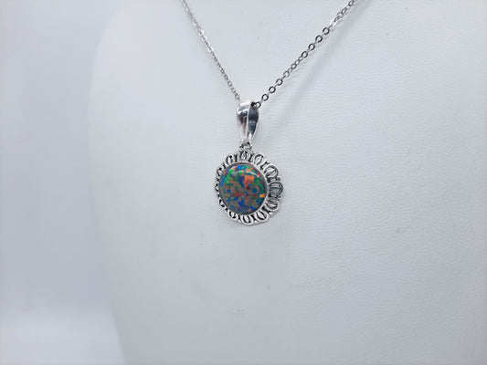 Handcrafted Iridescent Multicolored Opal Pendant Necklace - Intricate Design - Made with 925 Sterling Silver - Domed with Holographic Resin