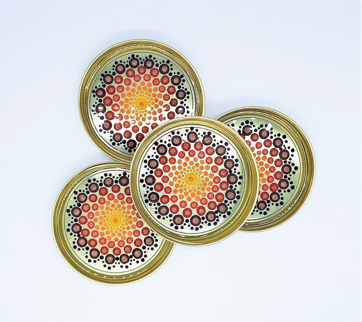 Eco-Friendly Dot Mandala Mason Jar Lid Coasters (Set of 4), Hand-painted, One of a Kind, Sealed with Resin