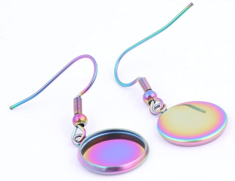 Handcrafted Rainbow Flower Glitter Mandala Pattern Design Glass Cabochon Rainbow Chromium Stainless Steel Dangle Earrings - Hypoallergenic