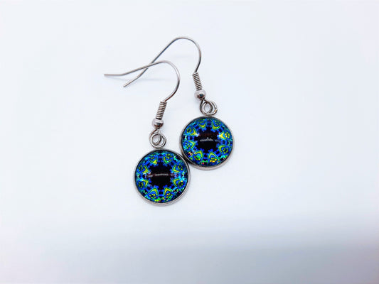 Handcrafted Blue Glitter Mandala Pattern Design Glass Cabochon Silver Stainless Steel Dangle Earrings - Hypoallergenic