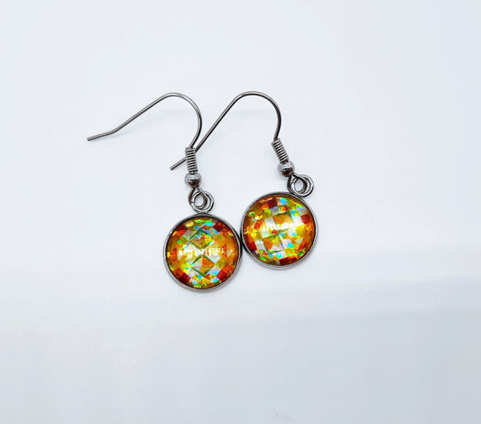 Handcrafted Yellow Glitter Mandala Pattern Design Glass Cabochon Silver Stainless Steel Dangle Earrings - Hypoallergenic