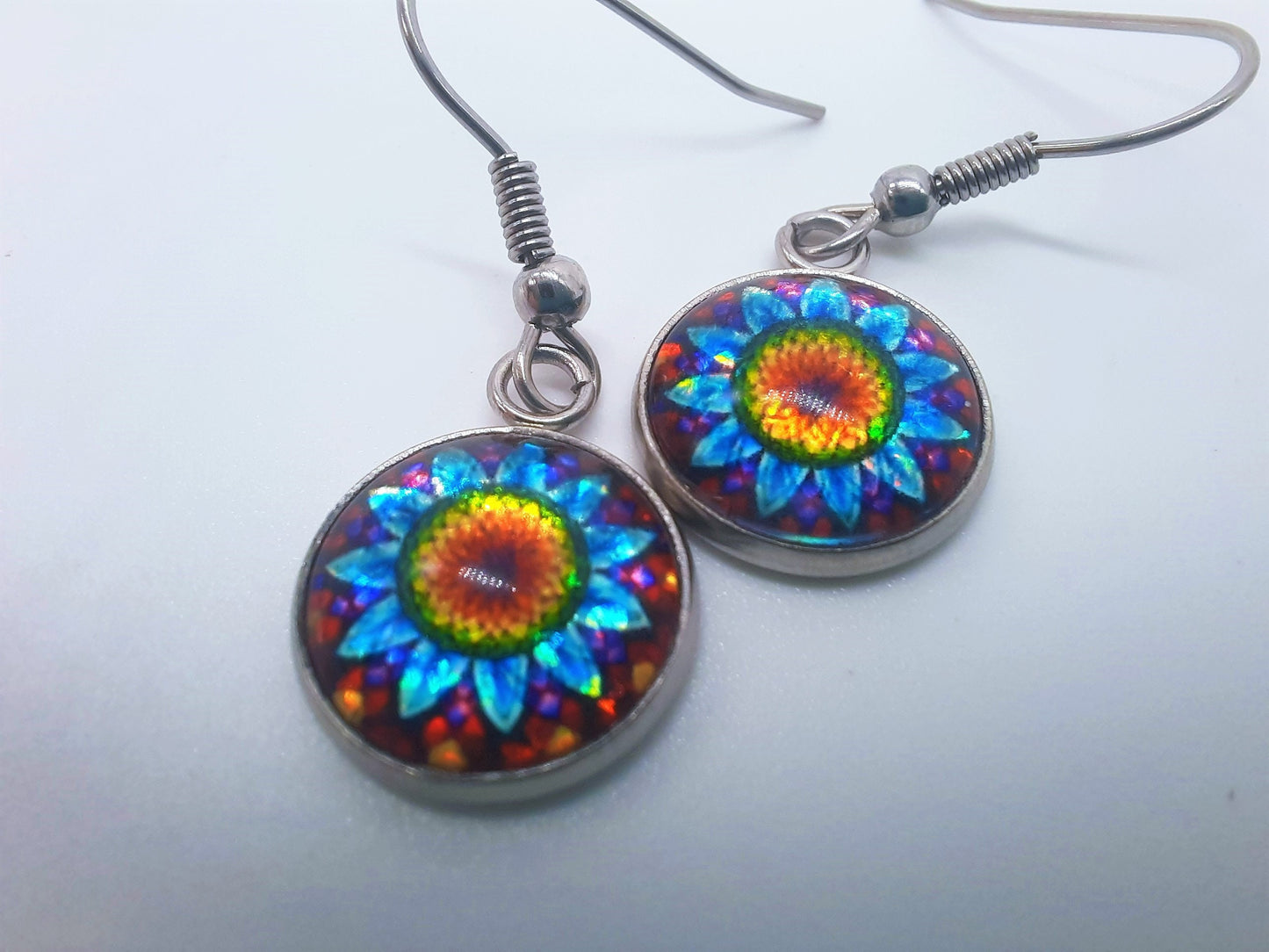 Handcrafted Rainbow Flower Glitter Mandala Pattern Design Glass Cabochon Silver Stainless Steel Dangle Earrings - Hypoallergenic