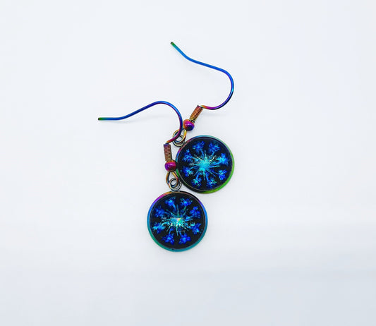 Handcrafted Blue Glitter Mandala Pattern Design Glass Cabochon Rainbow Chromium Stainless Steel Dangle Earrings - Hypoallergenic
