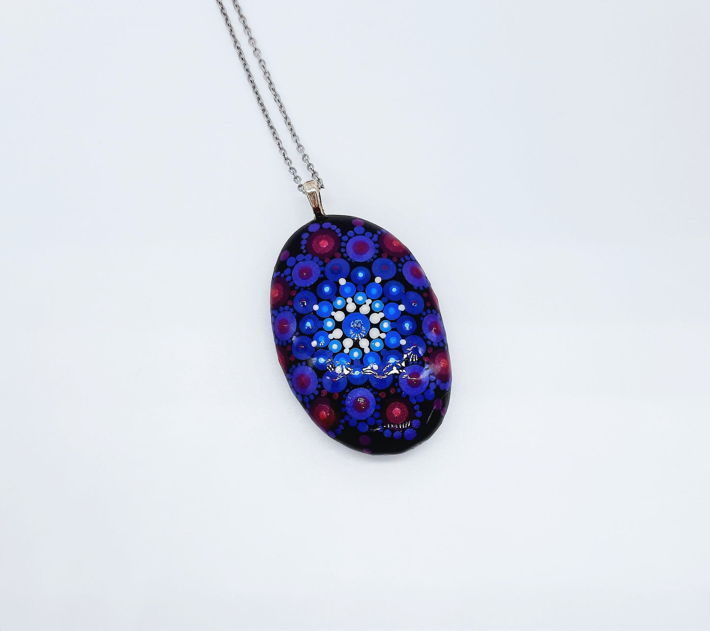 Handpainted Purple / Blue Mandala Necklace, Stone / Rock Pendant, Sealed w Resin, Hypoallergenic Stainless Steel Chain, Lobster Claw Closure