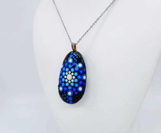 Handpainted Blue Dot Mandala Necklace, Stone / Rock Pendant, Sealed w/ Resin, Hypoallergenic Stainless Steel Chain, Lobster Claw Closure
