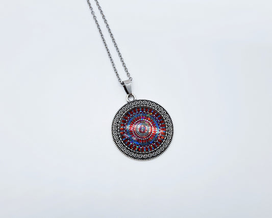 Handcrafted Glitter Mandala Pattern Design - Glass Cabochon Stainless Steel - Tibetan Style or Plain Pendant Necklace - Alloy, Silver Plated