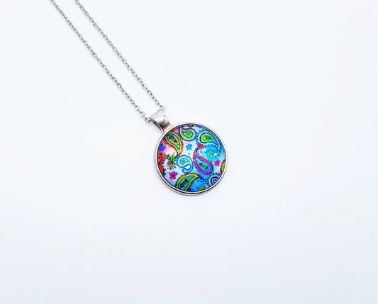 Paisley Glass Cabochon and Metal Pendant Necklace
