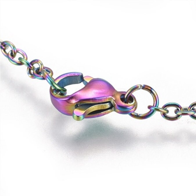 Translucent Glittery Blue Pendant Necklace - Rainbow Chromium Stainless Steel - Hypoallergenic - Glass Cabochon
