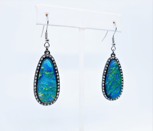 Handmade / Handcrafted Opal (like) Blue Green Sparkle Teardrop Pendant Earrings / Hypoallergenic Stainless Steel Ear Wire Hooks