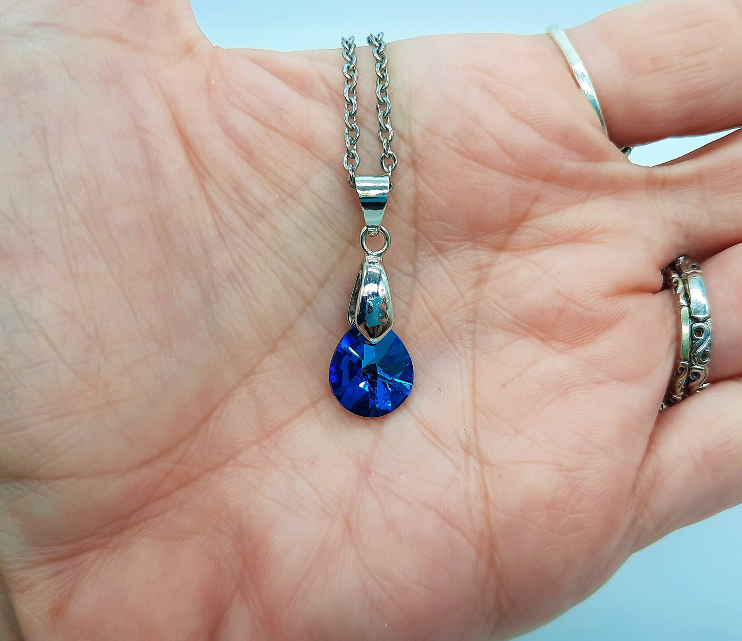 Handcrafted Multifaceted Bermuda Blue Teardrop Glass Rhinestone Pendant Necklace - Hypoallergenic Stainless Steel Chain - Blue Zircon Look