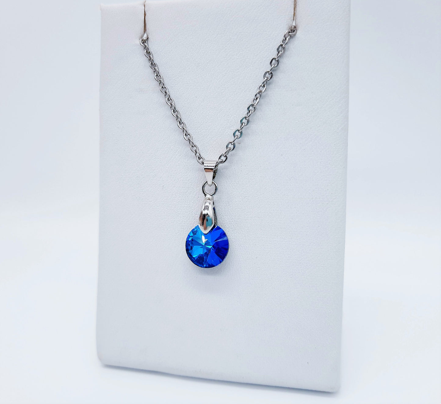 Handcrafted Multifaceted Bermuda Blue Round Glass Rhinestone Pendant Necklace - Hypoallergenic Stainless Steel Chain - Blue Zircon Look