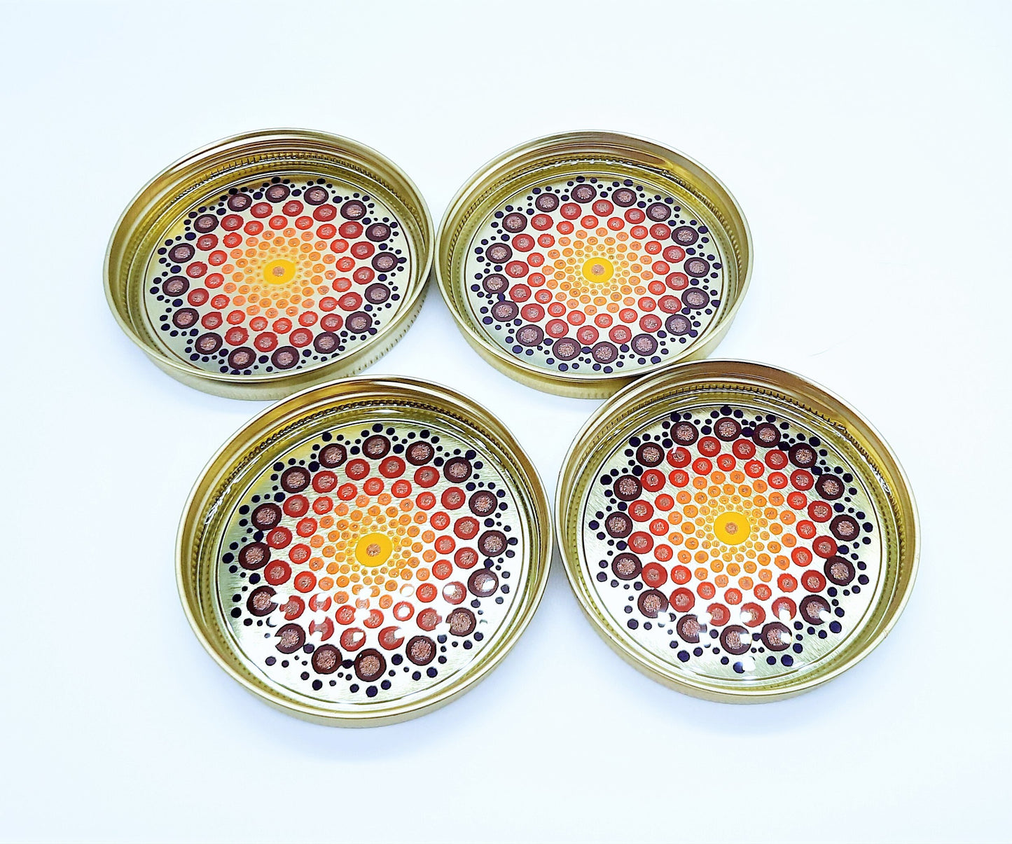 Eco-Friendly Dot Mandala Mason Jar Lid Coasters (Set of 4), Hand-painted, One of a Kind, Sealed with Resin