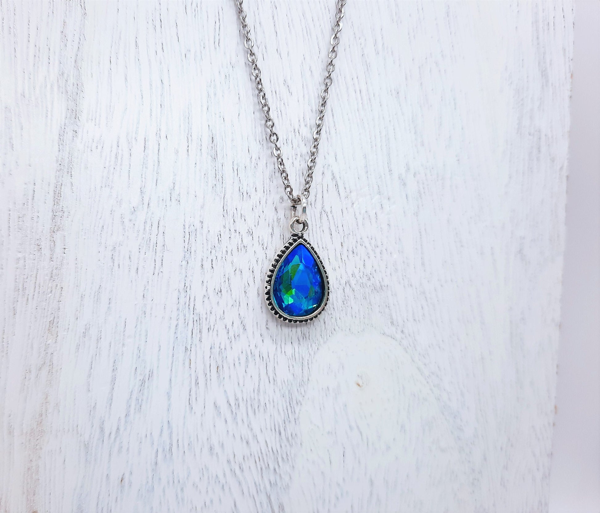 Handmade / Handcrafted Antiqued Silver Teal Blue Rhinestone Teardrop Pendant Necklace, 18" Stainless Steel Chain, Hypoallergenic