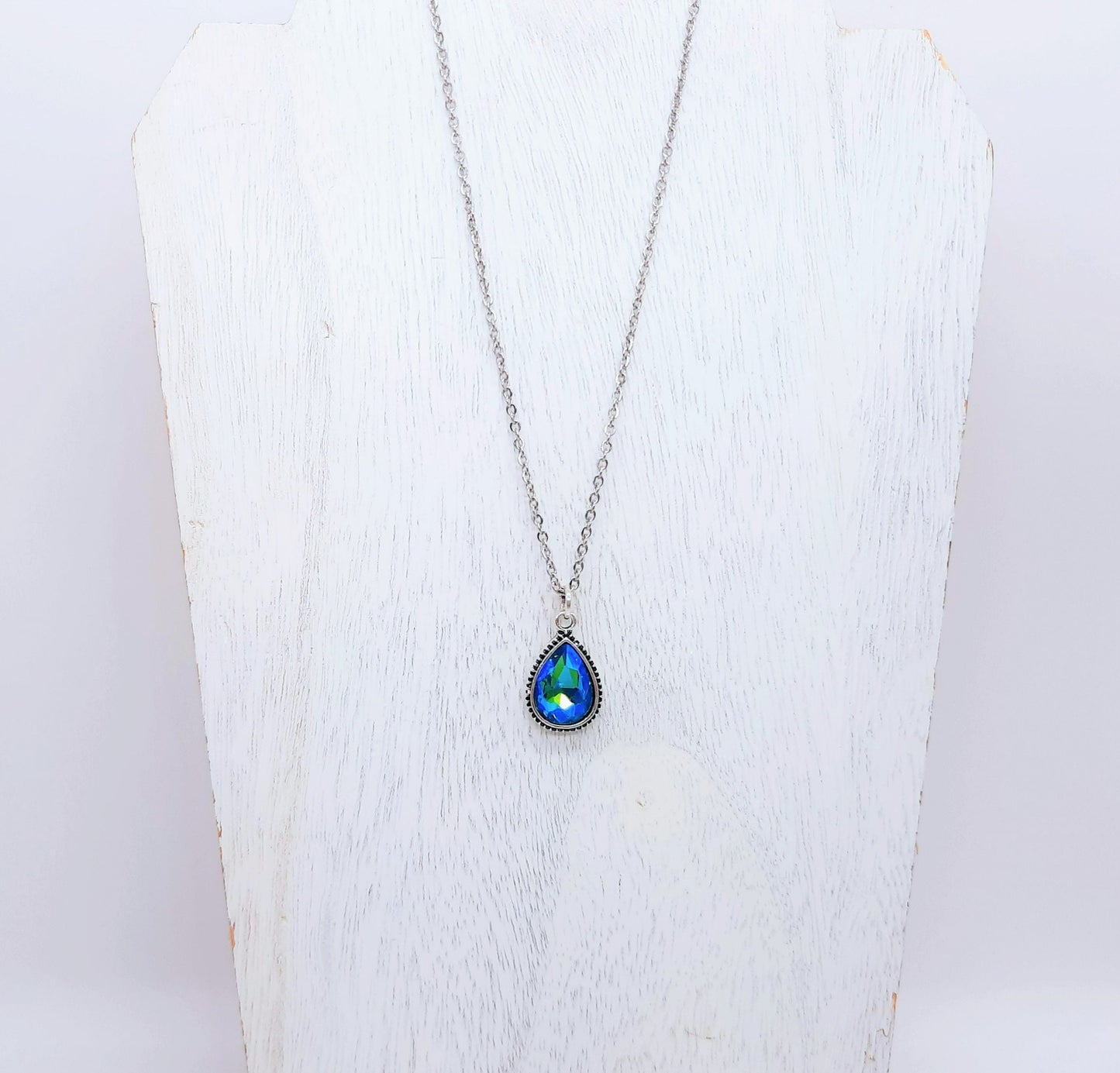 Handmade / Handcrafted Antiqued Silver Teal Blue Rhinestone Teardrop Pendant Necklace, 18" Stainless Steel Chain, Hypoallergenic
