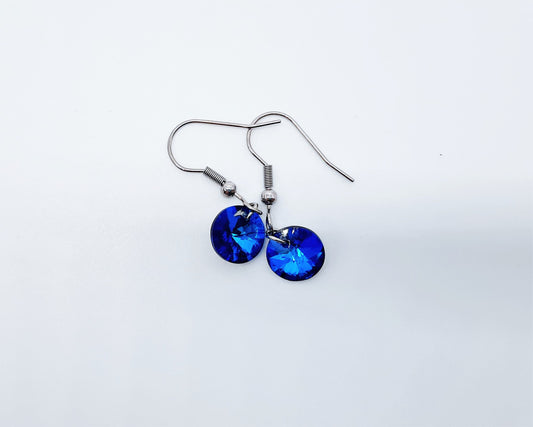 Handmade / Handcrafted Bermuda Blue Rhinestone Round Crystal Pendant Earrings - Hypoallergenic Stainless Steel Ear Wire Hooks