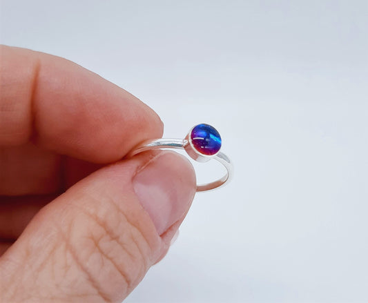 Handcrafted / Handmade 925 Sterling Silver Ring, Made with an Iridescent Red and Blue Mirrorball Rhinestone, Dome with Mica Infused Resin