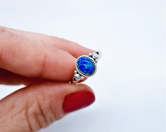 Handcrafted / Handmade Intricate Antiqued 925 Sterling Silver Ring, Genuine Blue Opal Oval Stone, Domed with Holographic Resin