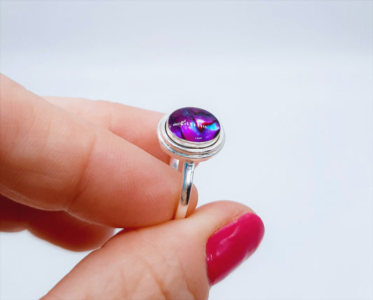 Handmade / Handcrafted 925 Sterling Silver Purple Pink Abalone / Paua Seashell Ring, Oval, Sealed with Holographic Mica Infused Resin