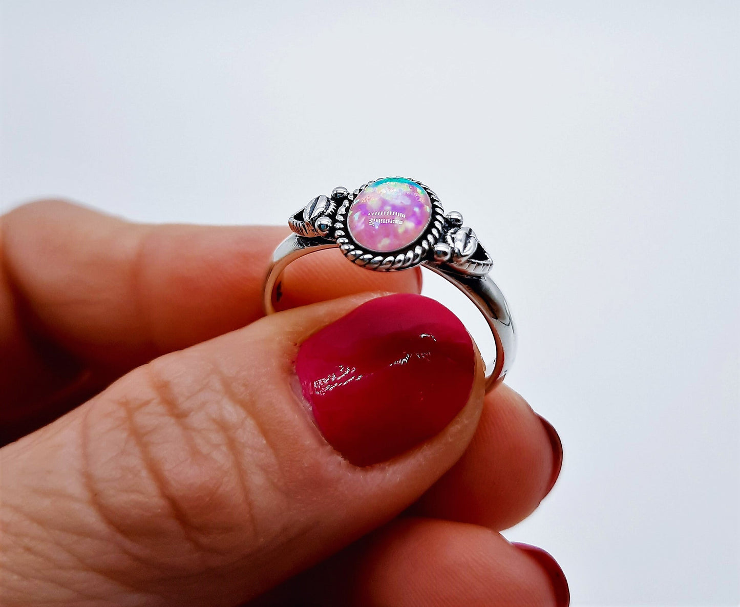 Handcrafted / Handmade Intricate Antiqued 925 Sterling Silver Ring, Genuine Pink Opal Stone, Domed with Holographic Resin