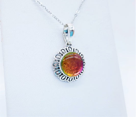 Handcrafted Iridescent Red Orange Yellow Green Glass Cabochon Pendant Necklace, Made with 925 Sterling Silver, Domed with Holographic Resin