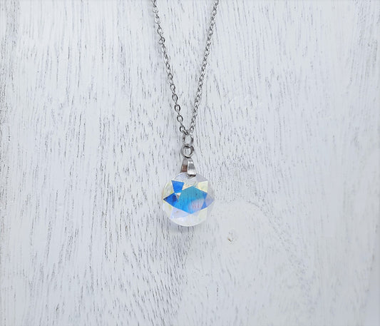Handcrafted Multifaceted Aurora Borealis Crystal Pendant Necklace - Silver Stainless Steel 18" Chain & Bail - Hypoallergenic