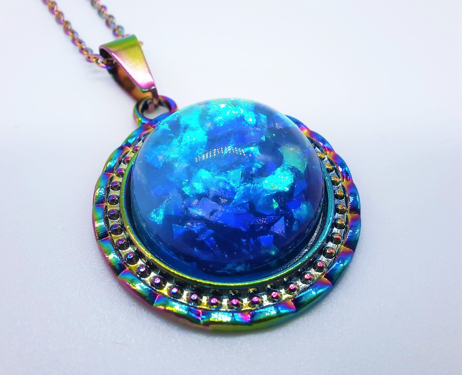 Translucent Glittery Blue Pendant Necklace - Rainbow Chromium Stainless Steel - Hypoallergenic - Glass Cabochon