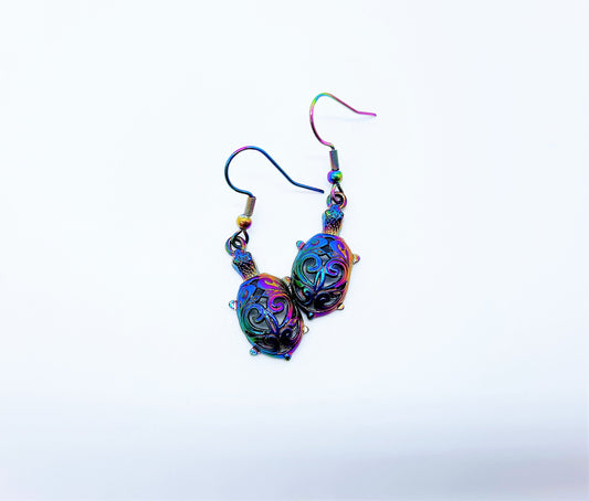 Handcrafted Rainbow Chromium Iridescent Sea Turtle Dangle Earrings / Made with Hypoallergenic Stainless Steel Ear Wire Hooks