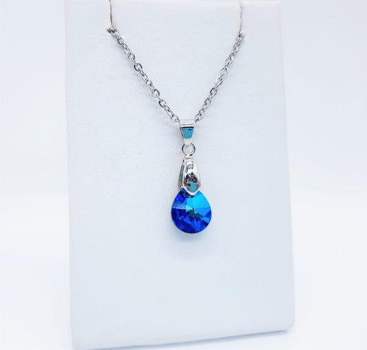 Handcrafted Multifaceted Bermuda Blue Teardrop Glass Rhinestone Pendant Necklace - Hypoallergenic Stainless Steel Chain - Blue Zircon Look